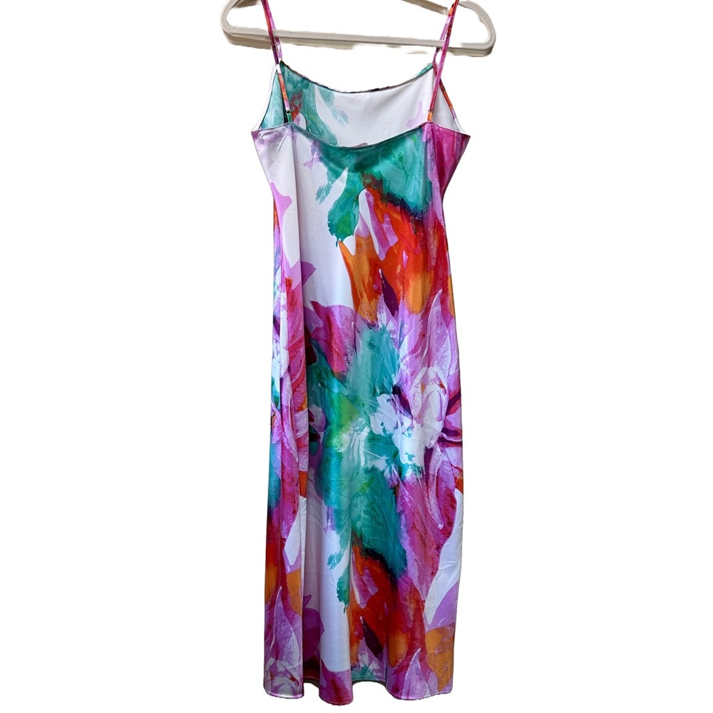Natori Women's Bright Floral Print Silky Slip Dress Pink Orange Green Size Small - Picture 2 of 4
